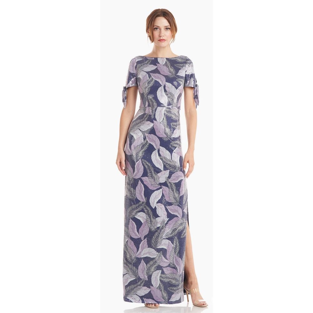 JS Collections Purple and Navy Leaf-Print Wedding Guest Gown